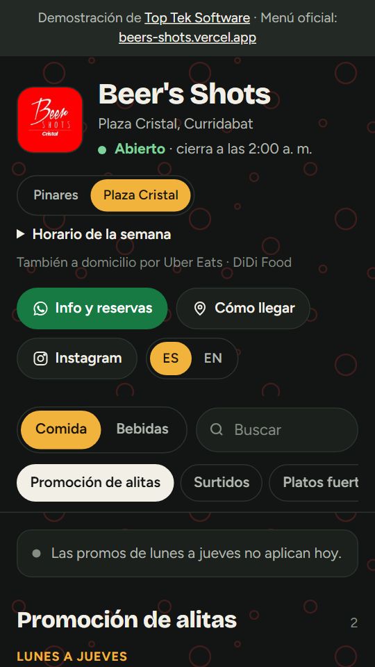 Menú digital de Beer's Shots · Plaza Cristal